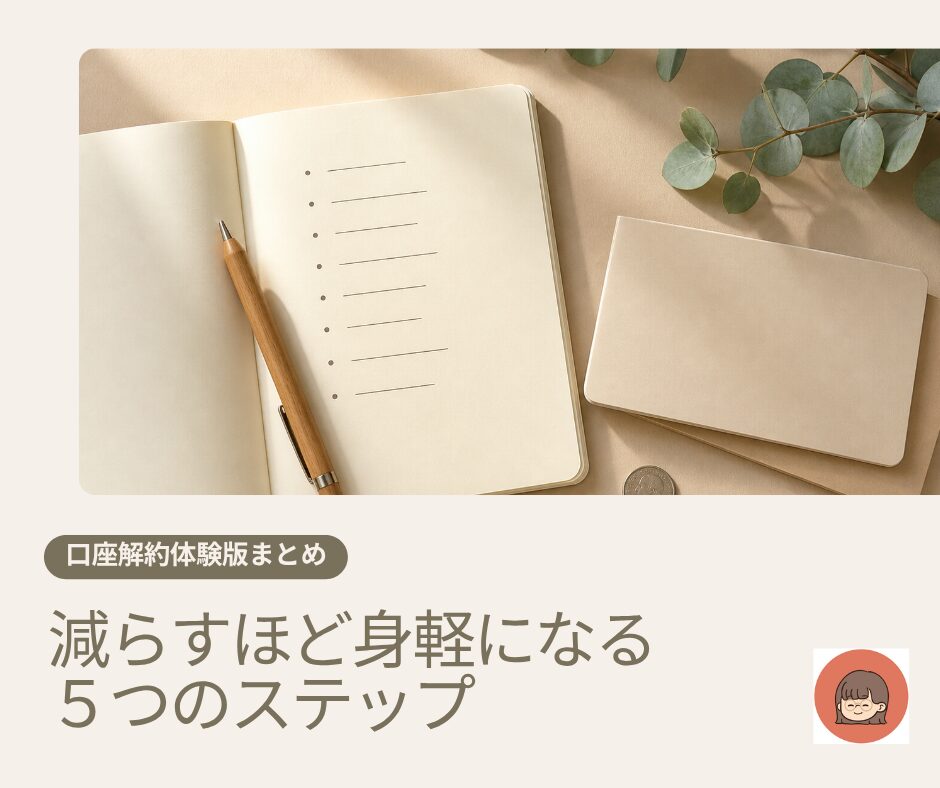 ノートに口座リストを書き出す手元と木製ペン、通帳、ユーカリ。銀行口座を整理するイメージ